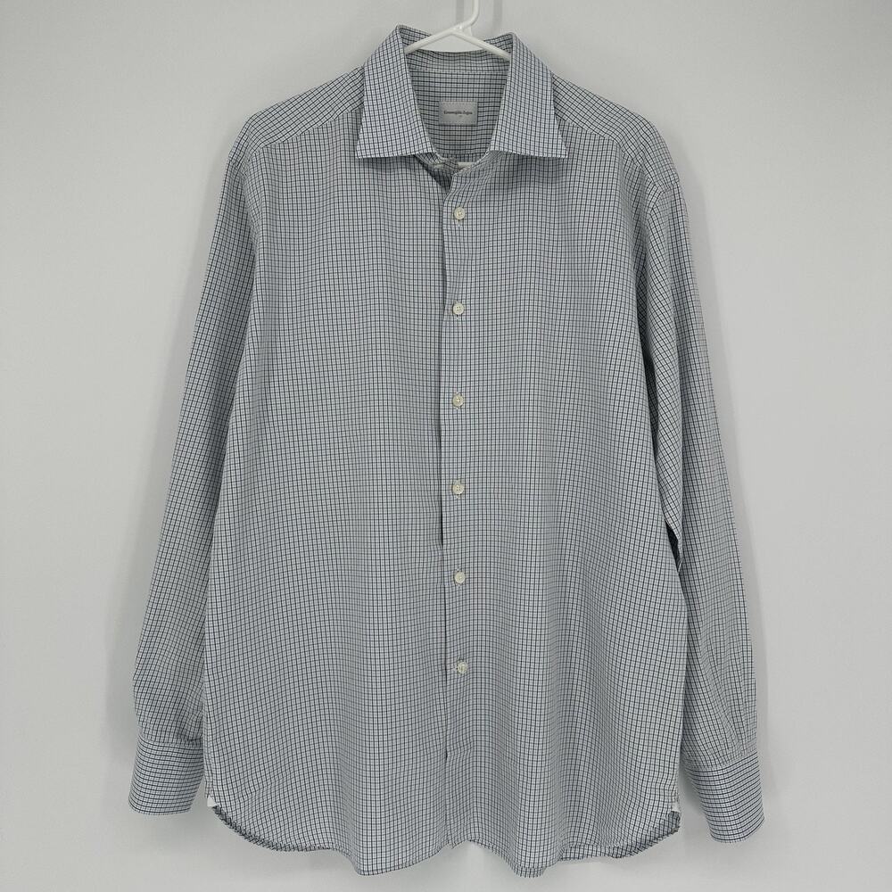 Ermenegildo Zegna Dress Shirt Mens 17.5 XL Blue Brown Check Cotton Long Sleeve - Picture 1 of 11